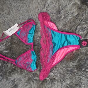 Teal & Pink Lace-Trim Triangle Bikini Set